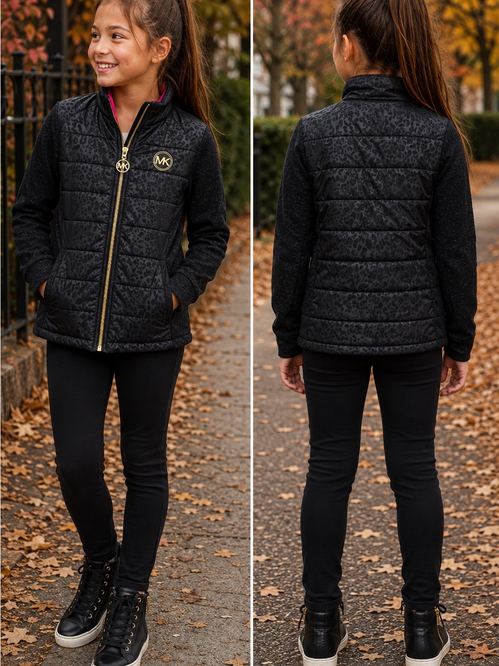 Michael Kors Girls Black Leopard Puffer Hybrid Jacket Size 10/12 Kids